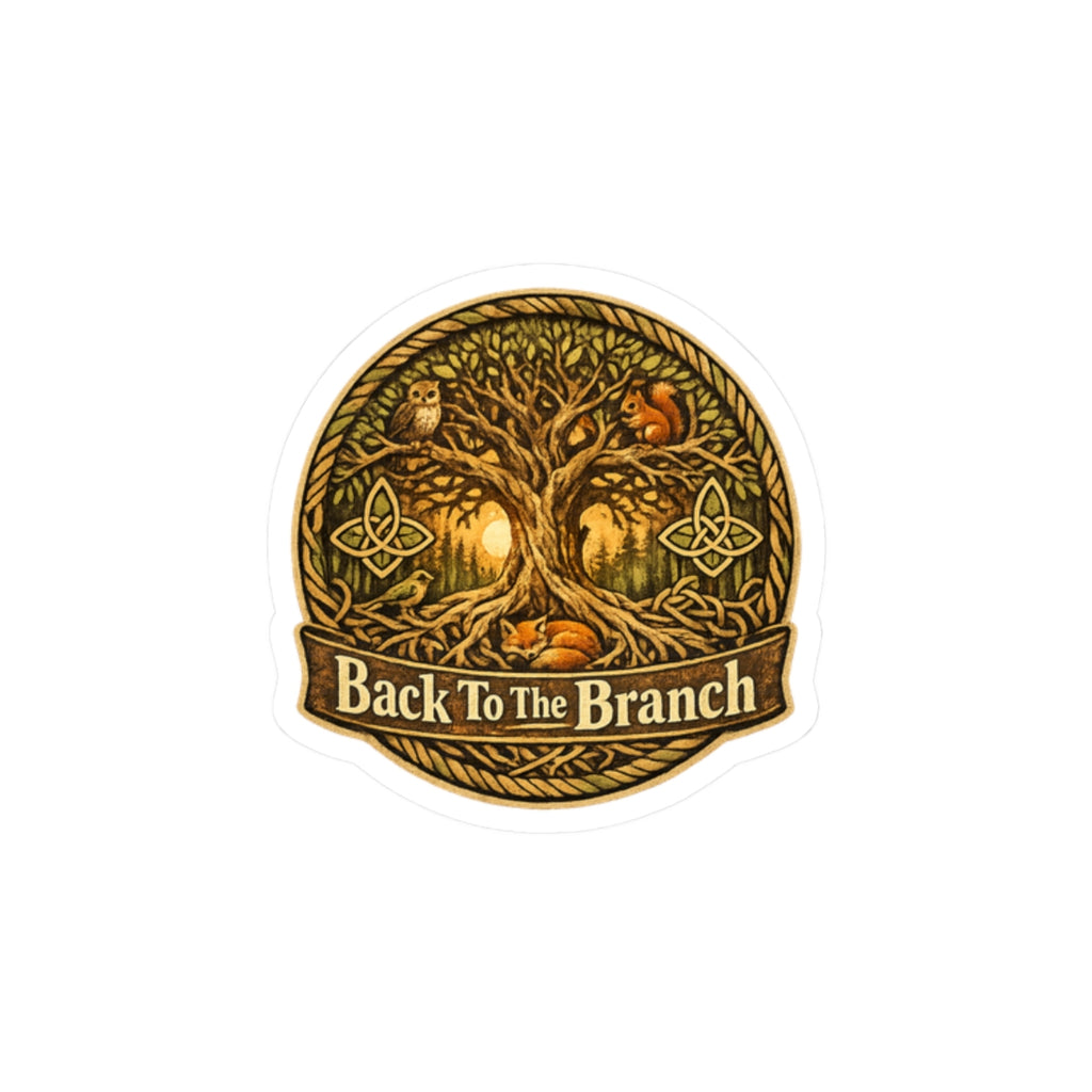 Sticker — 'Back To The Branch' Tree of Life Kiss-Cut Sticker (Forest Celtic Owl & Squirrel Design)