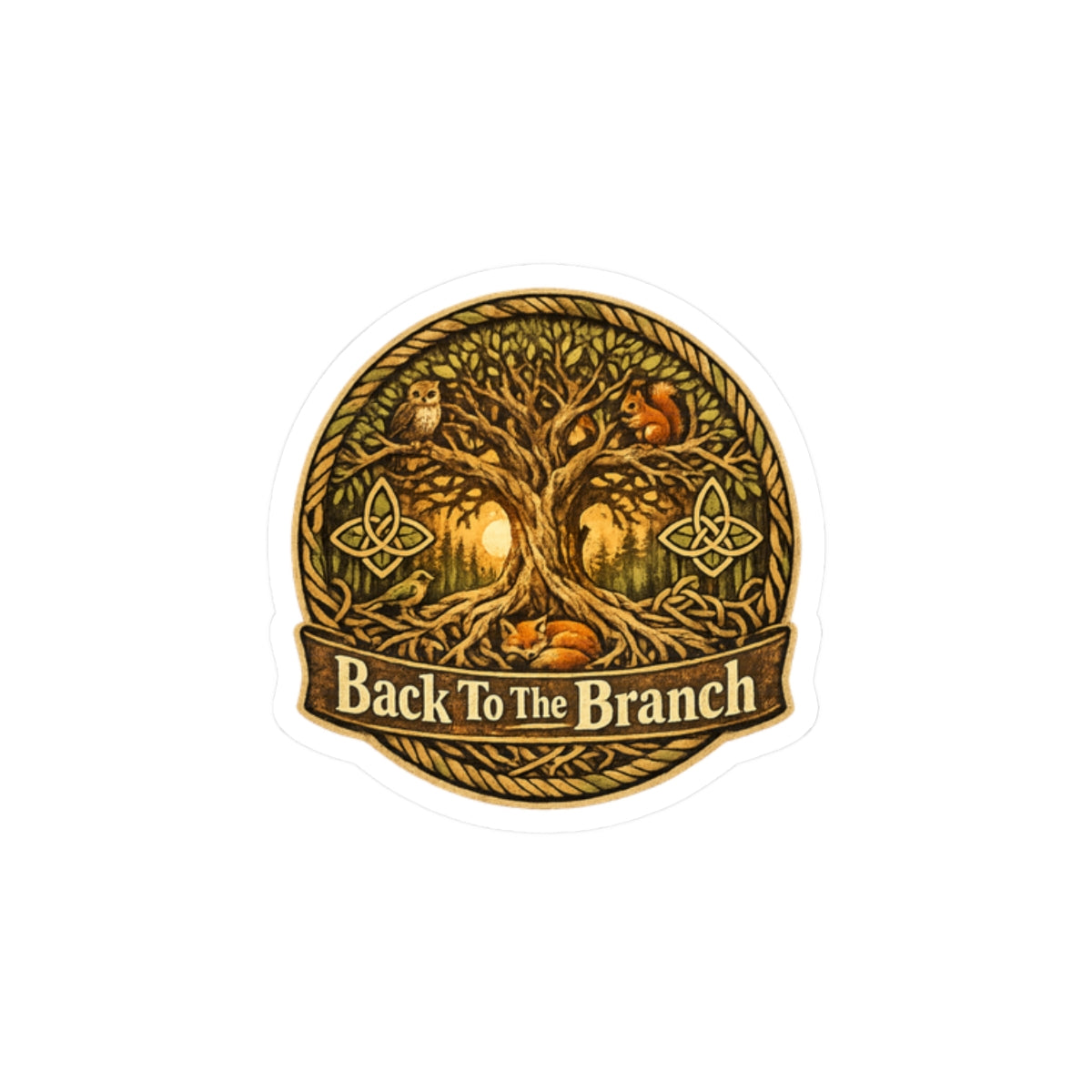 Sticker — 'Back To The Branch' Tree of Life Kiss-Cut Sticker (Forest Celtic Owl & Squirrel Design)